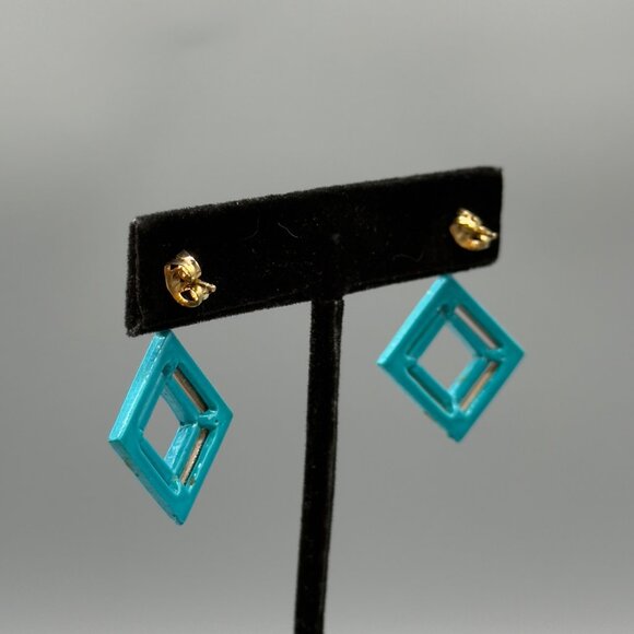 Vintage Bright Multicolor Retro Geometric Enamel Block Square Earrings 80's - Picture 3 of 10